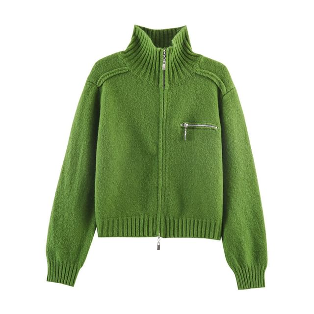 Stand Collar Zip-Up Plain Cardigan