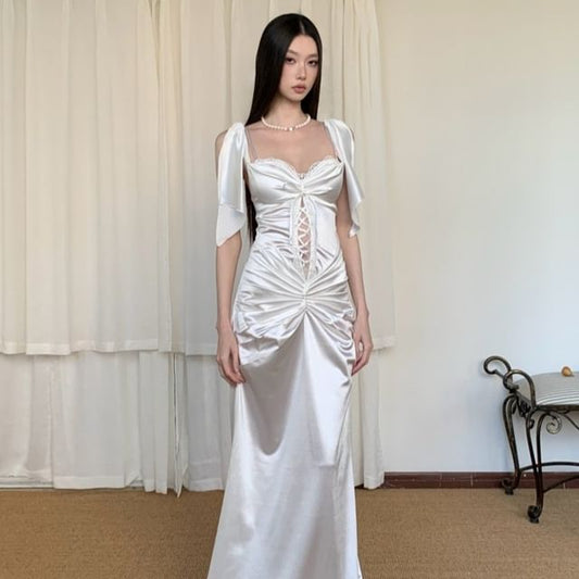 Elbow-Sleeve Sweetheart Neckline Satin Maxi A-Line Dress