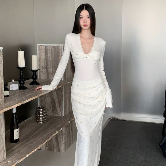 Long-Sleeve V-Neck Knit Maxi Sheath Dress