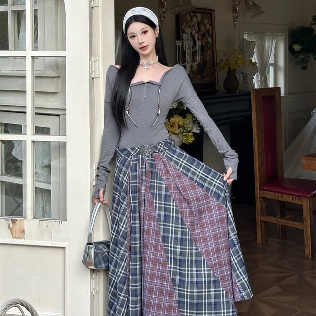 Long-Sleeve Square Neck Gingham Check Maxi A-Line Dress