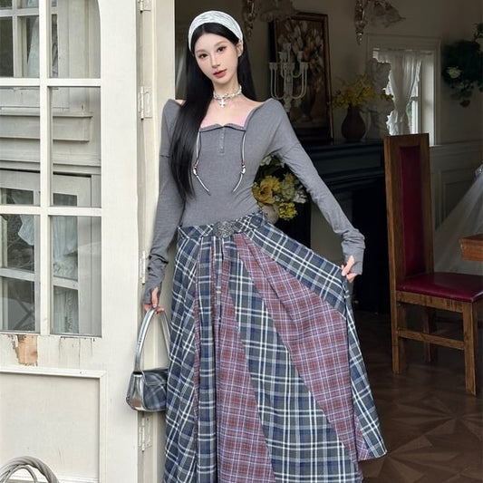 Long-Sleeve Square Neck Gingham Check Maxi A-Line Dress