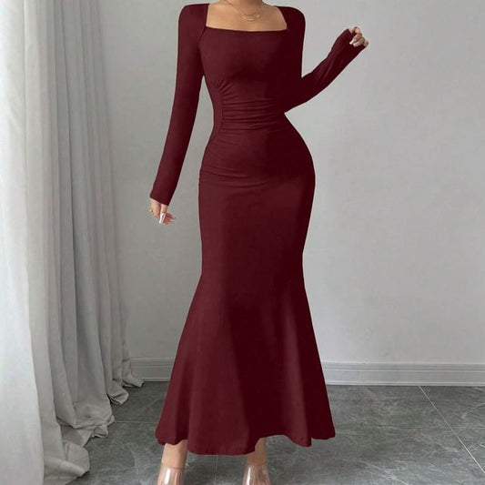 Long-Sleeve Square Neck Plain Ruched Maxi Mermaid Dress
