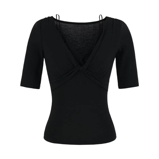 Twisted Lace Trim V-Neck Tee with Elbow Sleeves