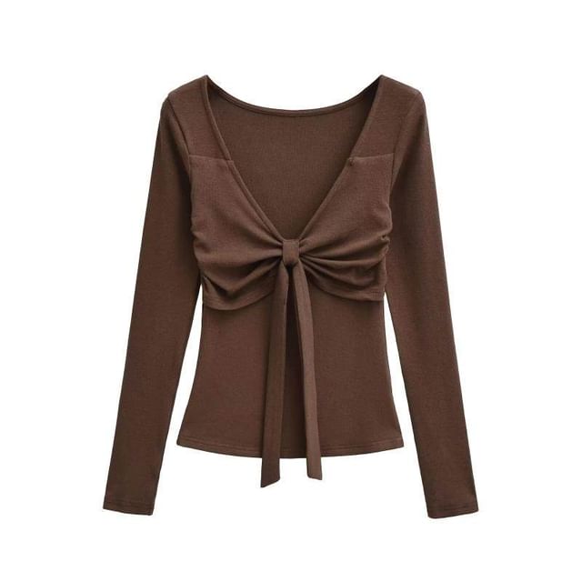 Tie-Front V-Neck Tee with Long Sleeves
