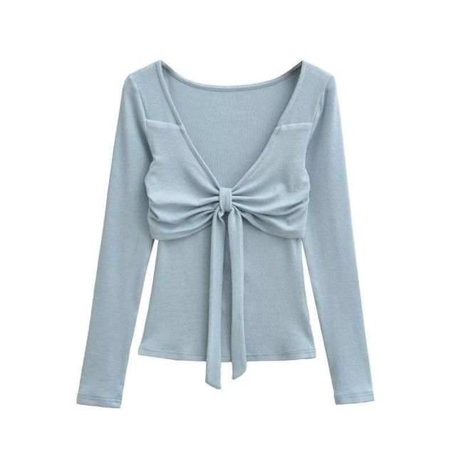 Tie-Front V-Neck Tee with Long Sleeves