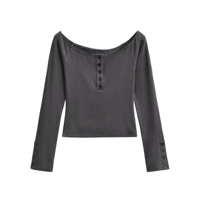 Henley Crop Tee with Boat Neck and Long Sleeves