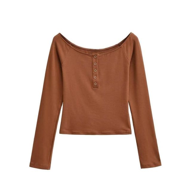 Henley Crop Tee with Boat Neck and Long Sleeves