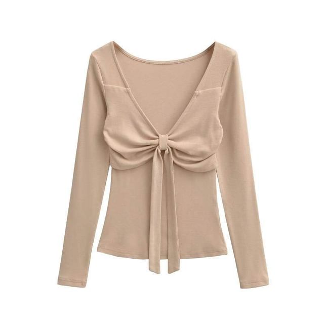 Tie-Front V-Neck Tee with Long Sleeves