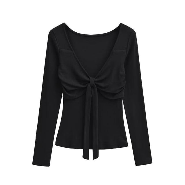 Tie-Front V-Neck Tee with Long Sleeves