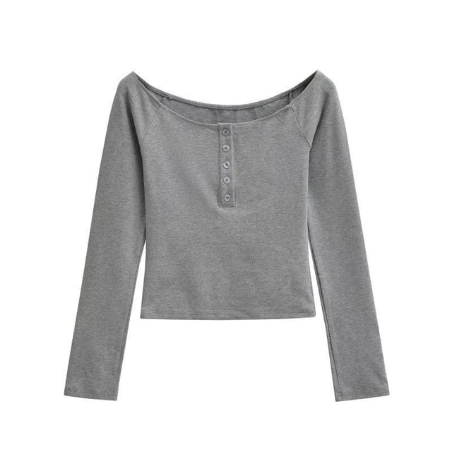 Henley Crop Tee with Boat Neck and Long Sleeves