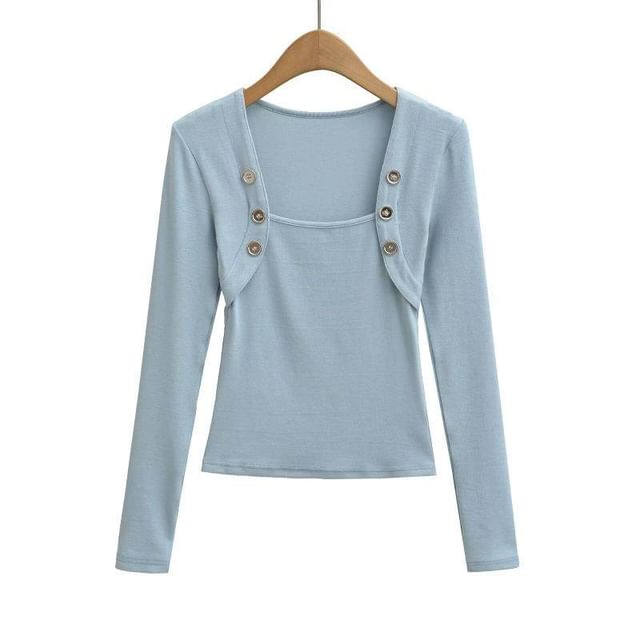 Square Neck Button Detail Tee with Long Sleeves