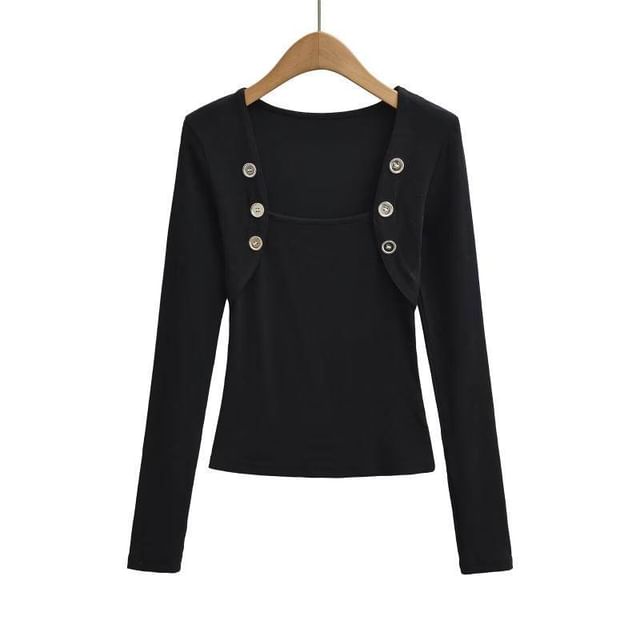 Square Neck Button Detail Tee with Long Sleeves