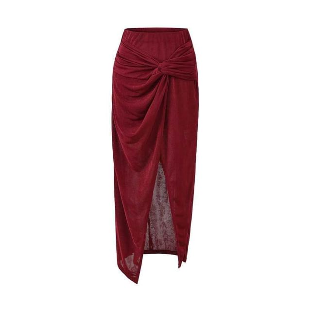 Knot Twisted Slit Midi Pencil Skirt High Waist