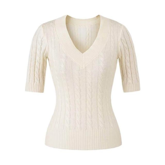 Cable Knit V-Neck Top with Elbow Sleeves
