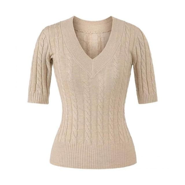 Cable Knit V-Neck Top with Elbow Sleeves