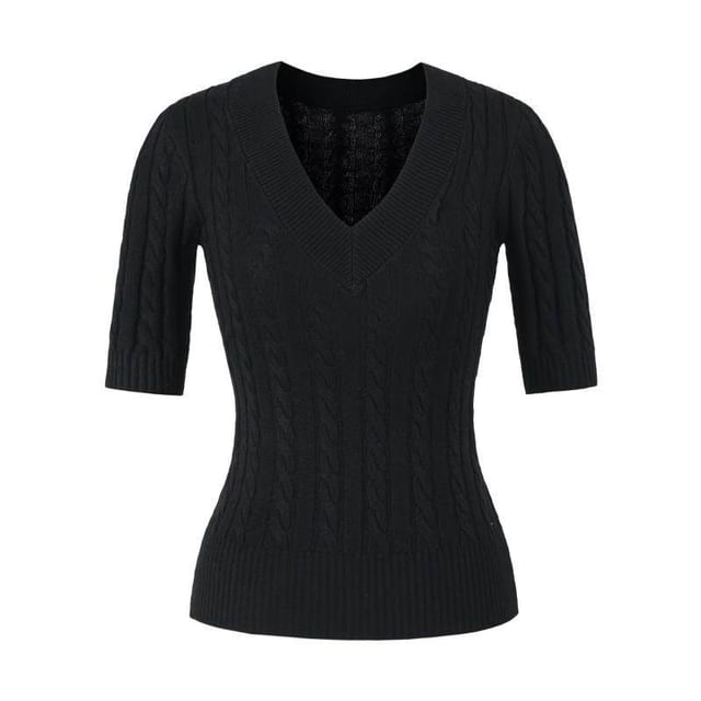 Cable Knit V-Neck Top with Elbow Sleeves