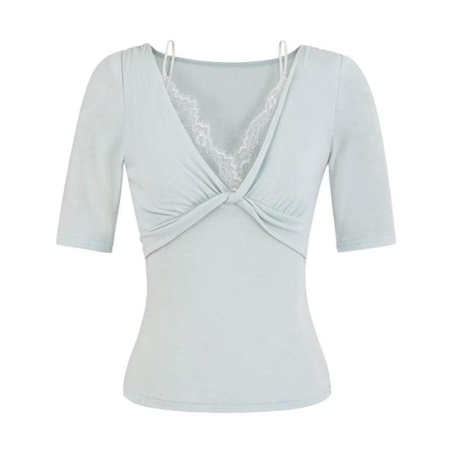 Twisted Lace Trim V-Neck Tee with Elbow Sleeves