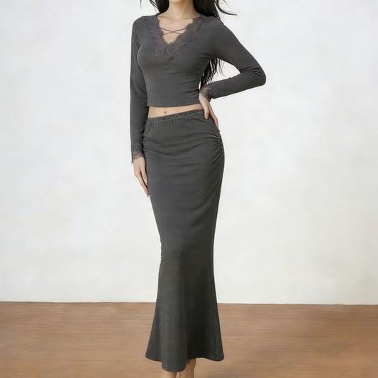 V-Neck Lace Panel Tee with Mermaid Maxi Skirt