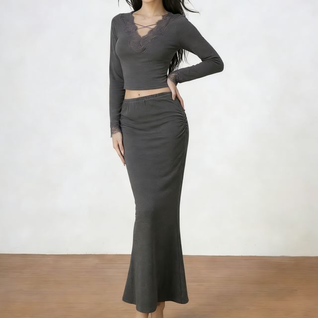 Lace Panel Top & Mermaid Maxi Skirt Set