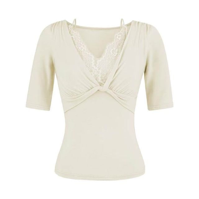 Twisted Lace Trim V-Neck Tee with Elbow Sleeves