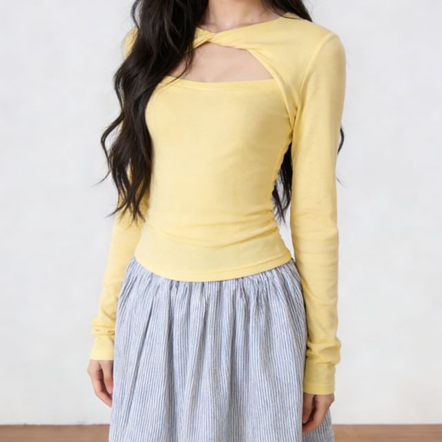 Cutout Crop Tee with Crew Neck and Long Sleeves