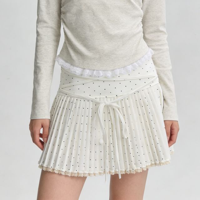Polka Dot Lace-Up Pleated Mini A-Line Skirt