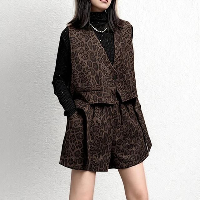 Leopard Print Vest & Glitter Top with Shorts Set