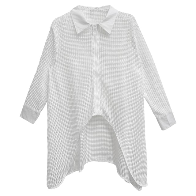 Waffle Knit Zip-Up Collared Shirt with Long Sleeves