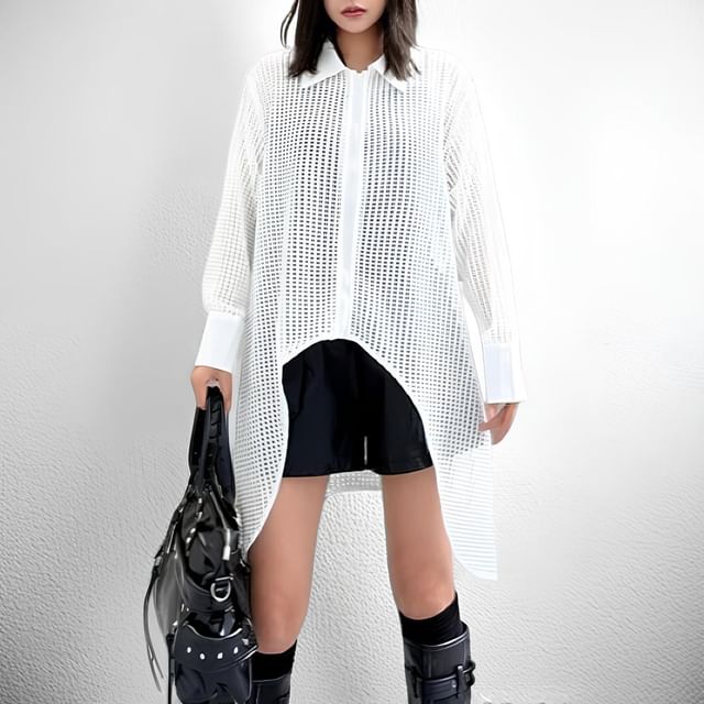 Waffle Knit Zip-Up Collared Shirt with Long Sleeves