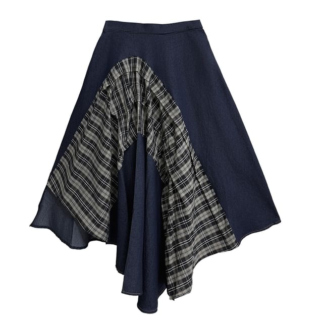 Mock Neck Top with Plaid Asymmetrical Maxi Skirt