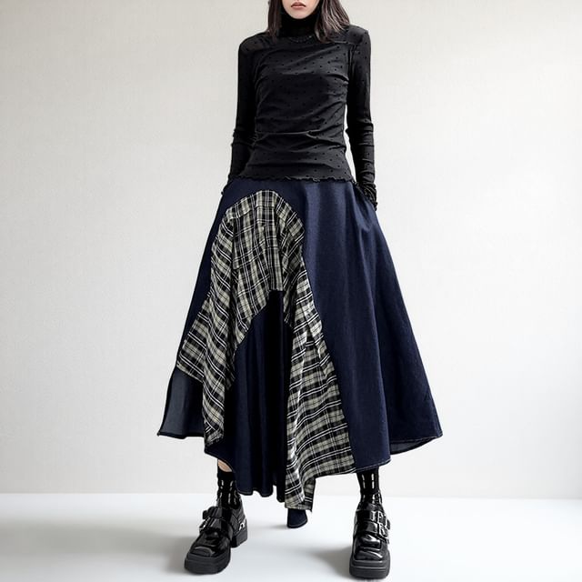 Asymmetric Plaid Maxi Skirt & Mock Neck Long-Sleeve Top