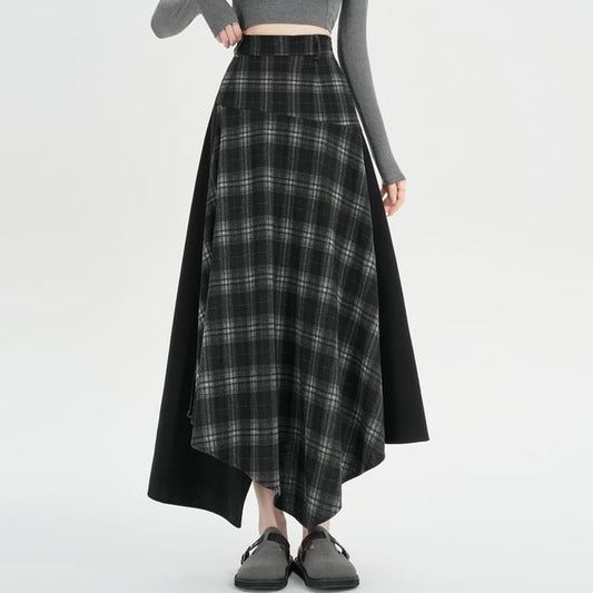 Plaid Panel Asymmetrical Maxi A-Line Skirt
