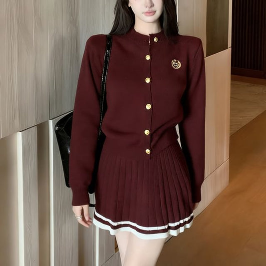 Round Neck Cardigan and Mini A-Line Skirt Set