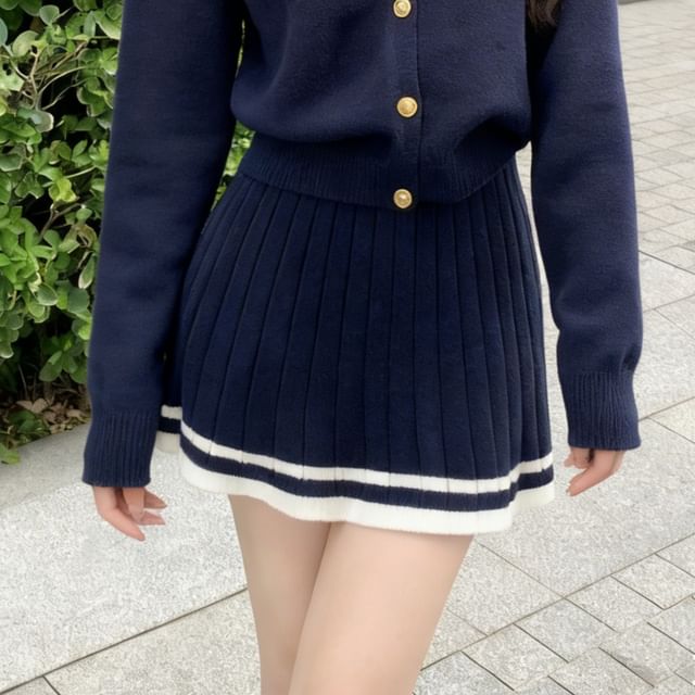 Round Neck Cardigan and Mini A-Line Skirt Set