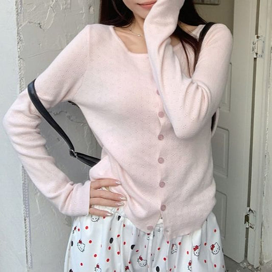 Plain Pointelle Knit Cardigan