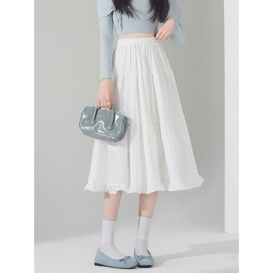 Ruffle Trim Midi A-Line Skirt with Plain Design