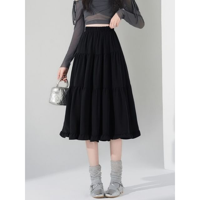 Ruffle Trim Midi A-Line Skirt with Plain Design