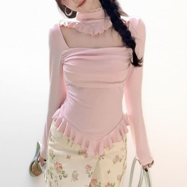 Ruffle Trim Mock Neck Tee with Cutout and Ruched Details