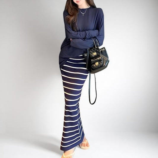 Crew Neck Tee with Striped Maxi Pencil Skirt
