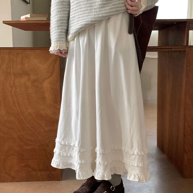 Ruffle Trim Midi A-Line Skirt High Waist