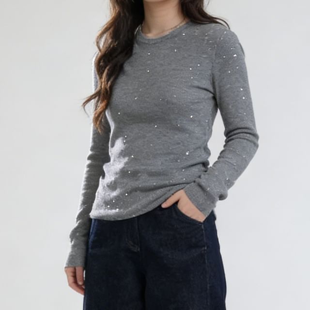 Rhinestone Embellished High Neck Tee with Long Sleeves