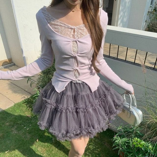 Scoop Neck Lace Panel Tee with Ruffle Mini Skirt