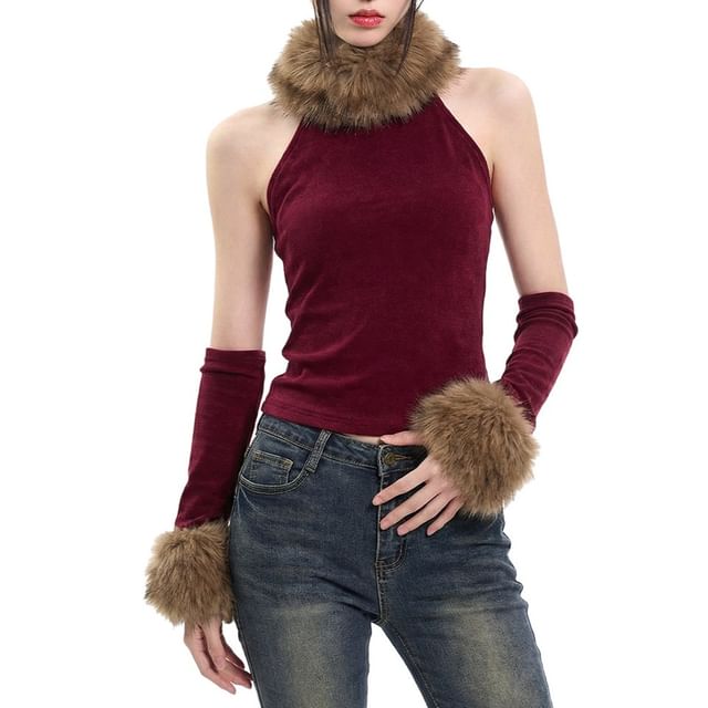 Fluffy Trim Halter Crop Top Set