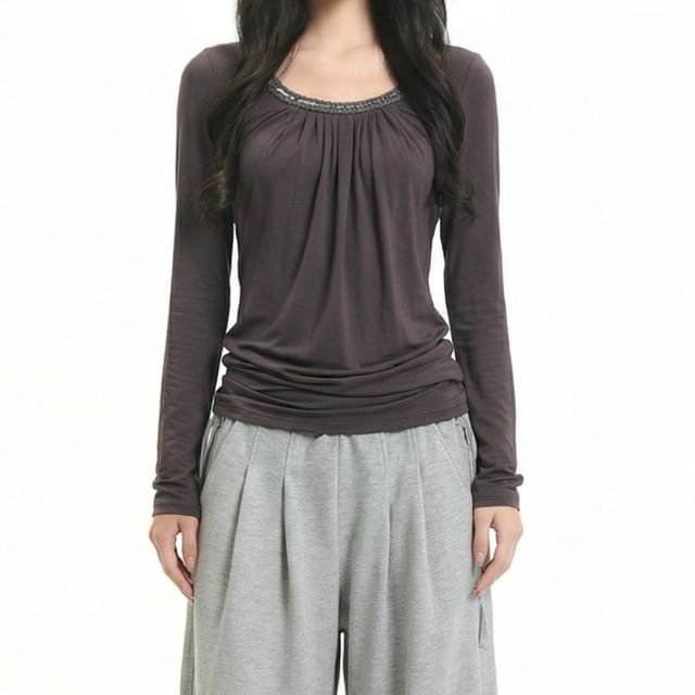 Ruched Scoop Neck Tee with Long Sleeves