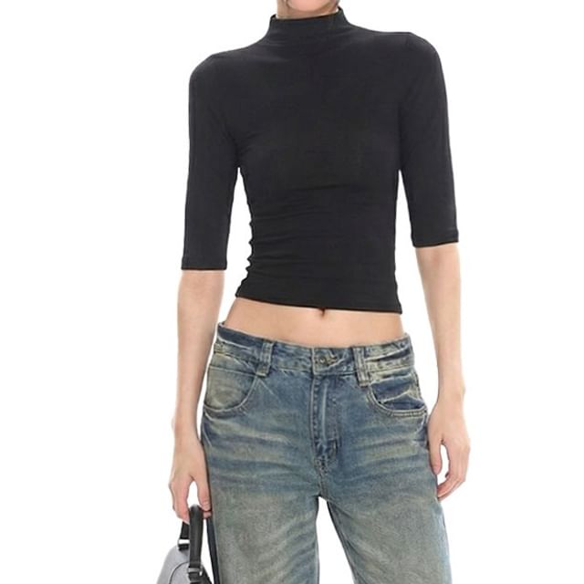 Mock Neck Ribbed Knit Crop Top