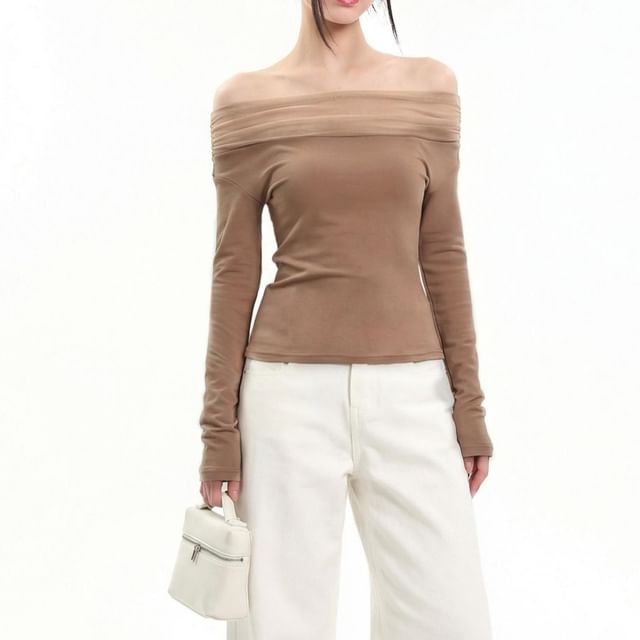 Extended Sleeve Off-Shoulder Solid Translucent Insert Tee