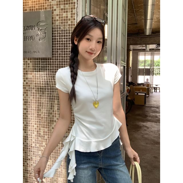 Ruffled Crew Neck Tee with Short Sleeves