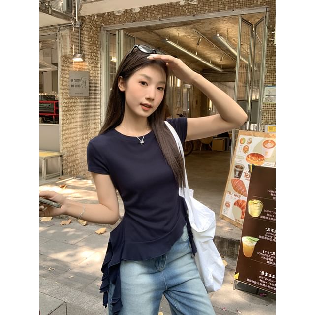 Ruffled Crew Neck Tee with Short Sleeves