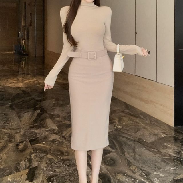 Mock Neck Tee and Belted Pencil Skirt Set