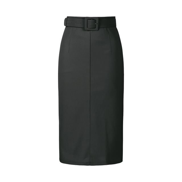 Mock Neck Tee with Belted Midi Pencil Skirt